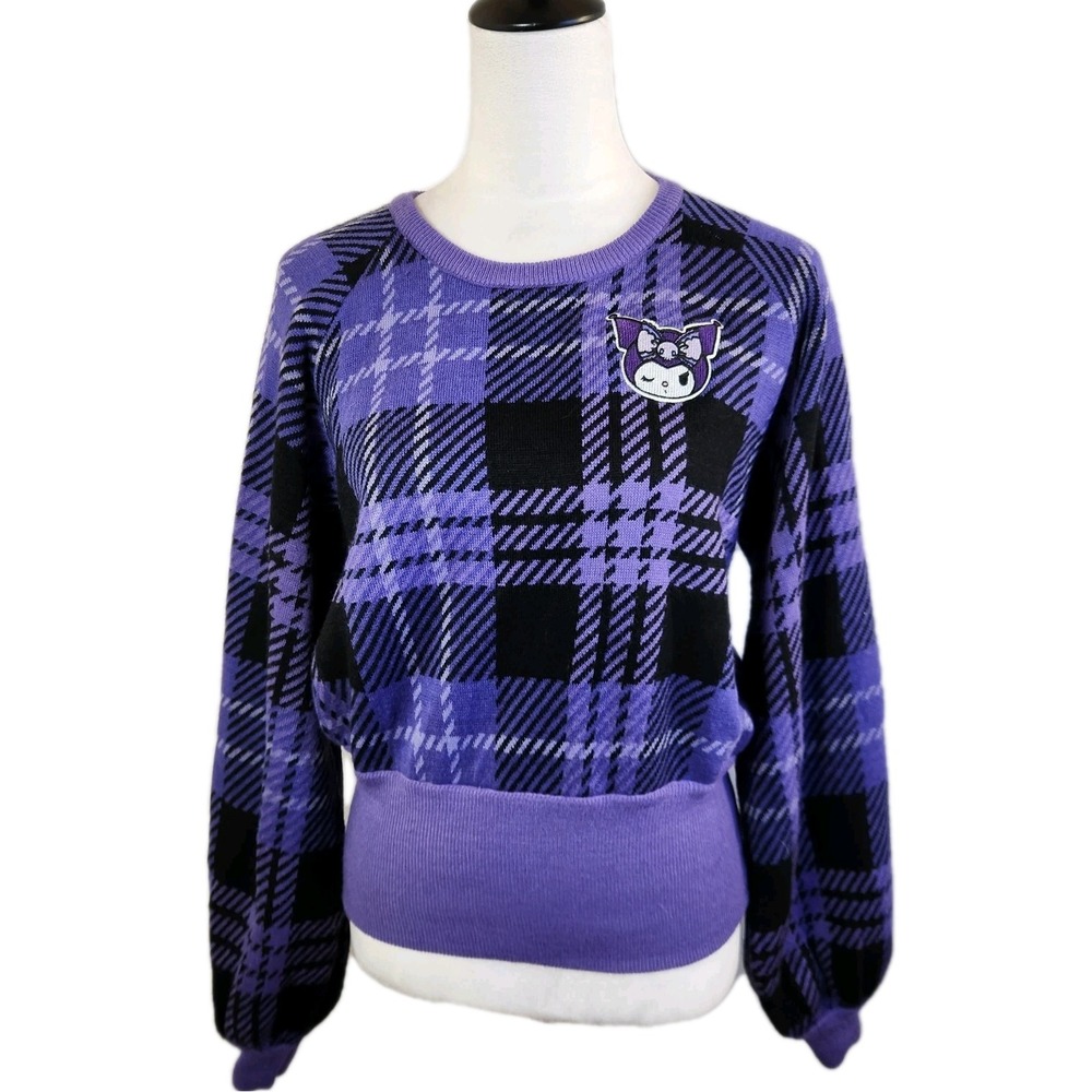 Sanrio Kuromi Womens Knit Plaid Sweater Sz Large Purple Black Bishop Sleeve Top - Picture 14 of 16